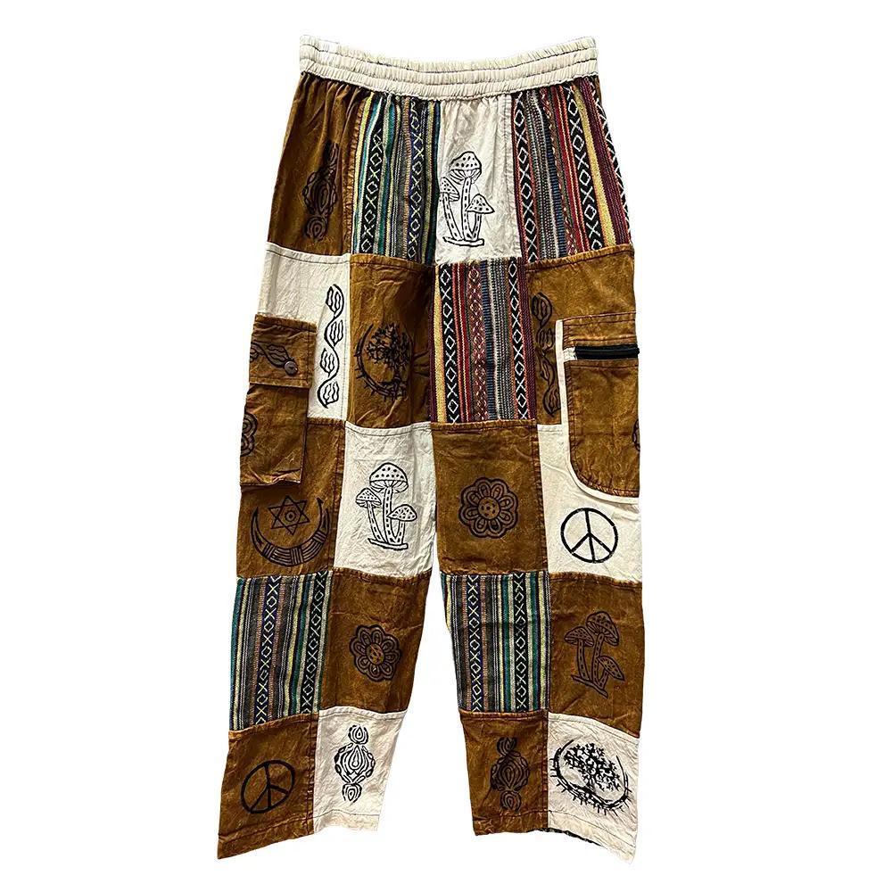 Brown Mushroom Patchwork Open Bottom Boho Pants - Image 3