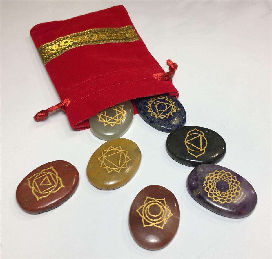 7-Chakra Stone Set Engraved Oval / Round Gemstone in Black Velvet Chakra Pouch - Image 2