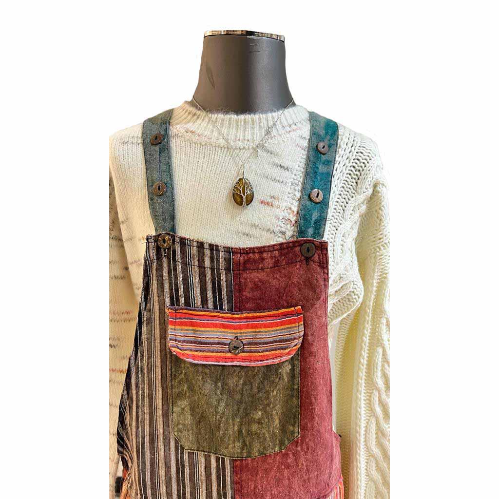 Plain & Striped Patchwork Cotton Overalls With Open Bottom Earth Tones S-XXL - Image 8