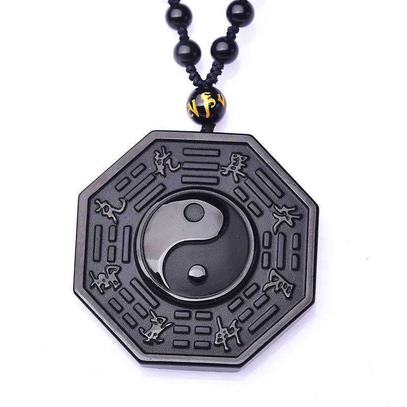 Yin-Yang Black Obsidian Hand carved Necklace Pendants with Black Beads