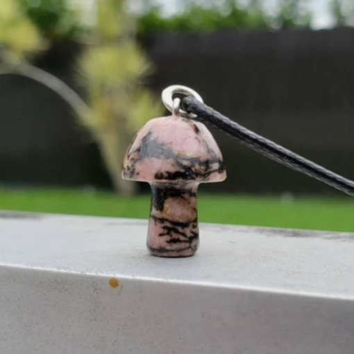 Rhodonite Mushroom Carved Pendant Necklace Natural Crystals For Energy Balancing, Meditation, Reiki, Healing Approx. 2cm Pendant