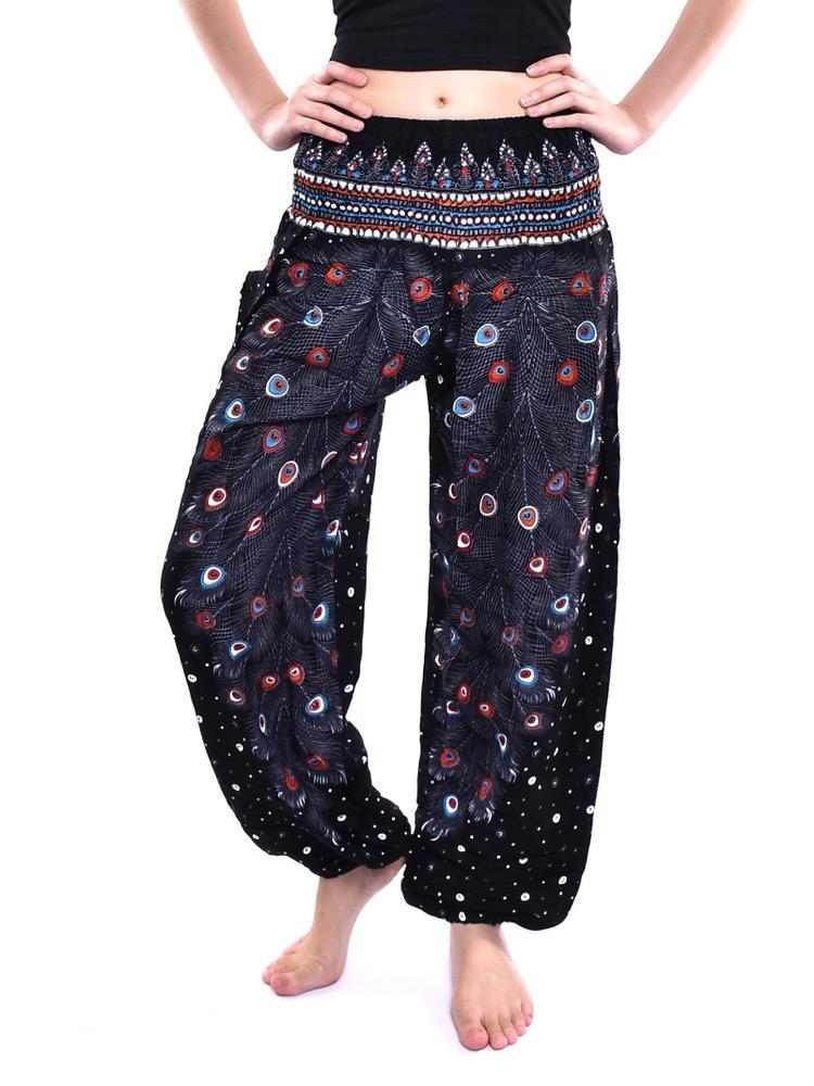 Black Peacock Feather Print Smocked Thai Harem Pants