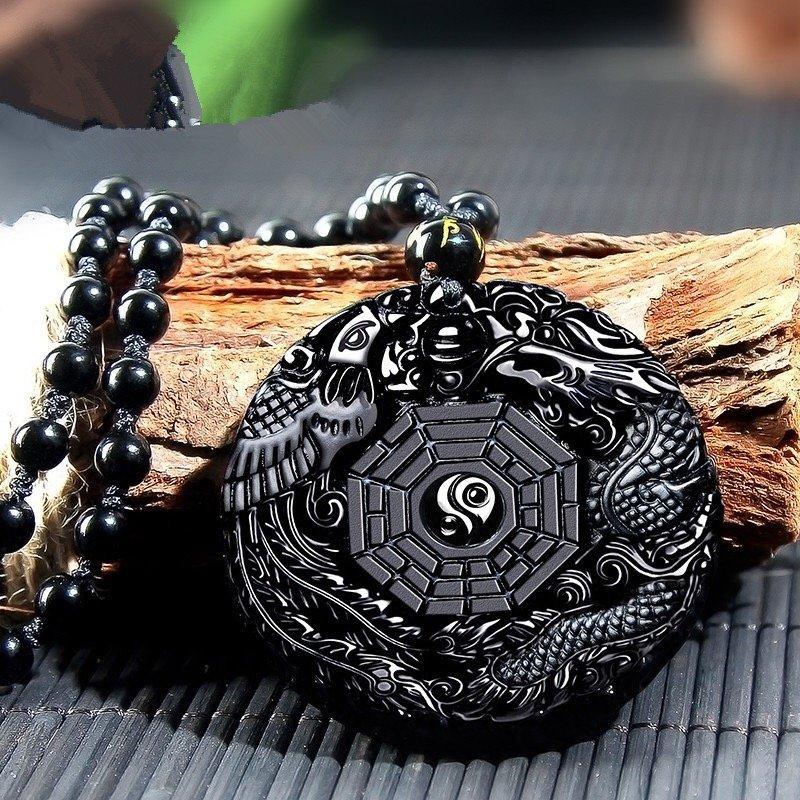 Yin-Yang w/Dragons Black Obsidian Hand Carved Necklace Pendants with Black Beads