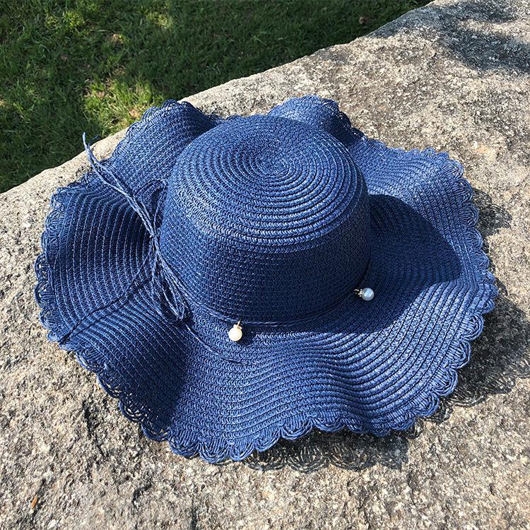 String & Pearl Wide Brim Straw Beach Hats Women Korean Folding Sun Shade - Image 2