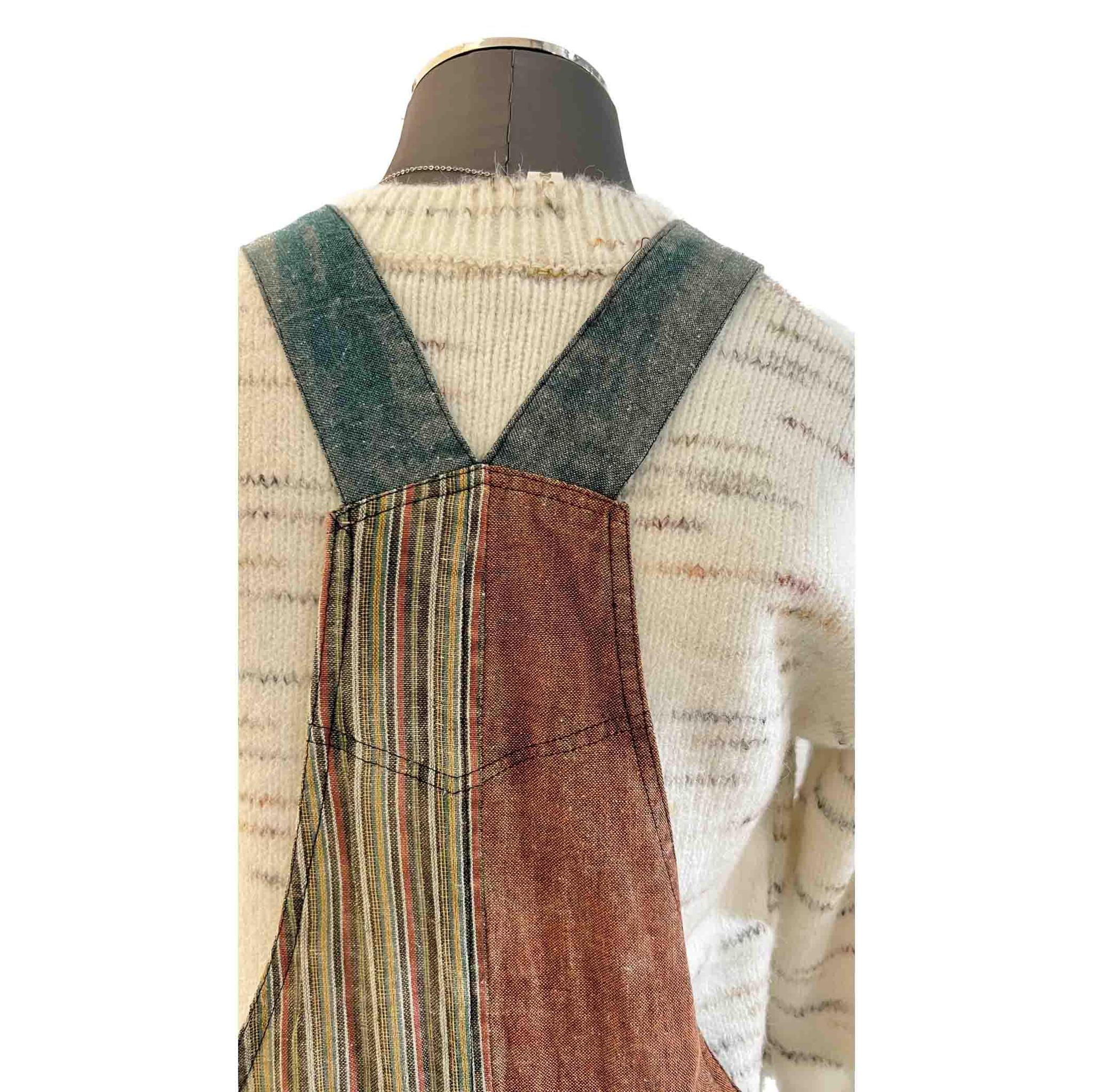 Plain & Striped Patchwork Cotton Overalls With Open Bottom Earth Tones S-XXL - Image 5