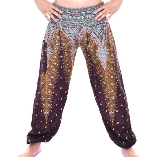Brown & Green Smocked Peacock Feather Thai Harem Pants
