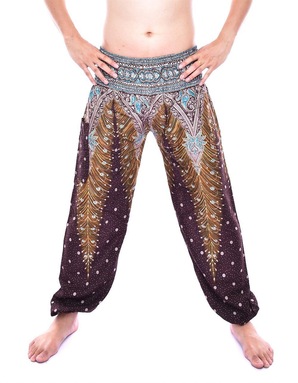 Brown & Green Smocked Peacock Feather Thai Harem Pants