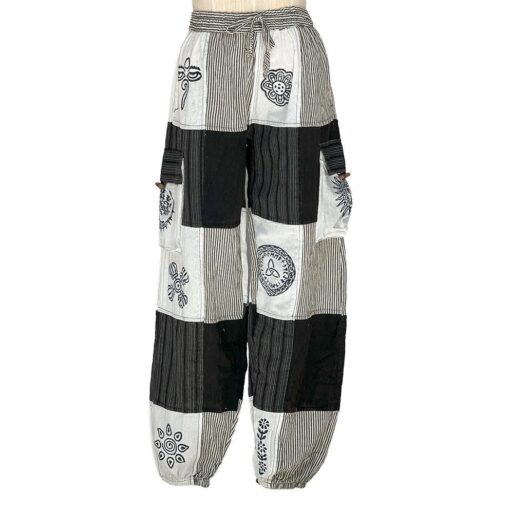Black and White Boho Patchwork Elastic Bottom Pants