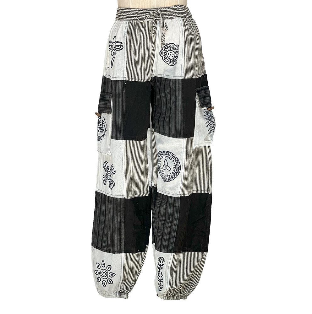 Black and White Boho Patchwork Elastic Bottom Pants