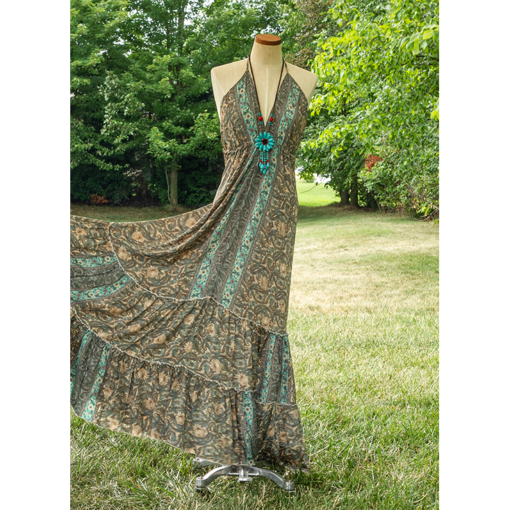 Silk Scarf Long Dress with Dori Ties & Open Back