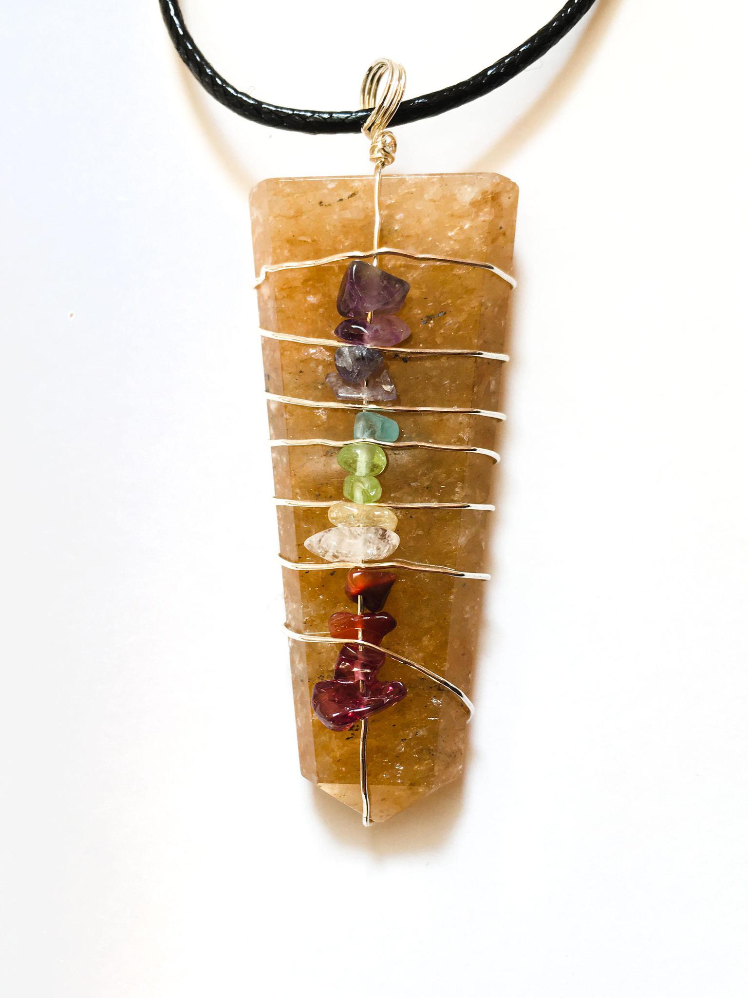 Golden Quartz 7- Chakra Wire Wrapped Pendant with necklace, tree of life necklace 100% Handmade