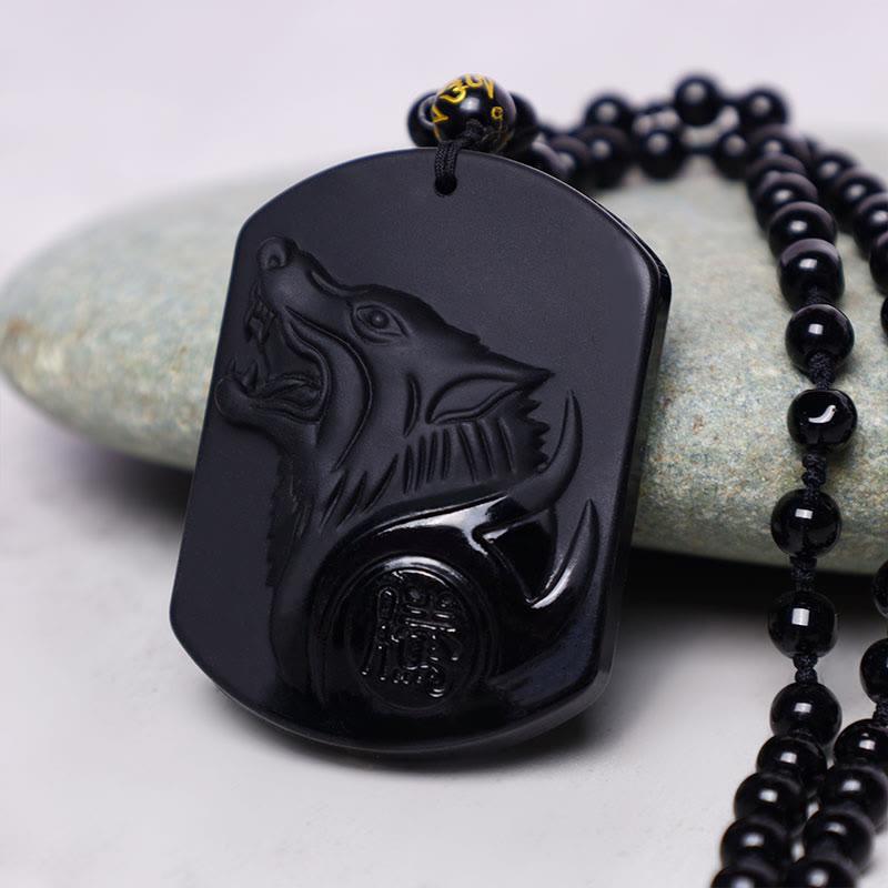 Wolf Black Obsidian Hand carved Necklace Pendants with Black Beads - Image 3