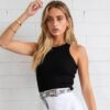 Solid Black Crop Top Ribbed Pattern 95% Cotton 5% Spandex VTrendz