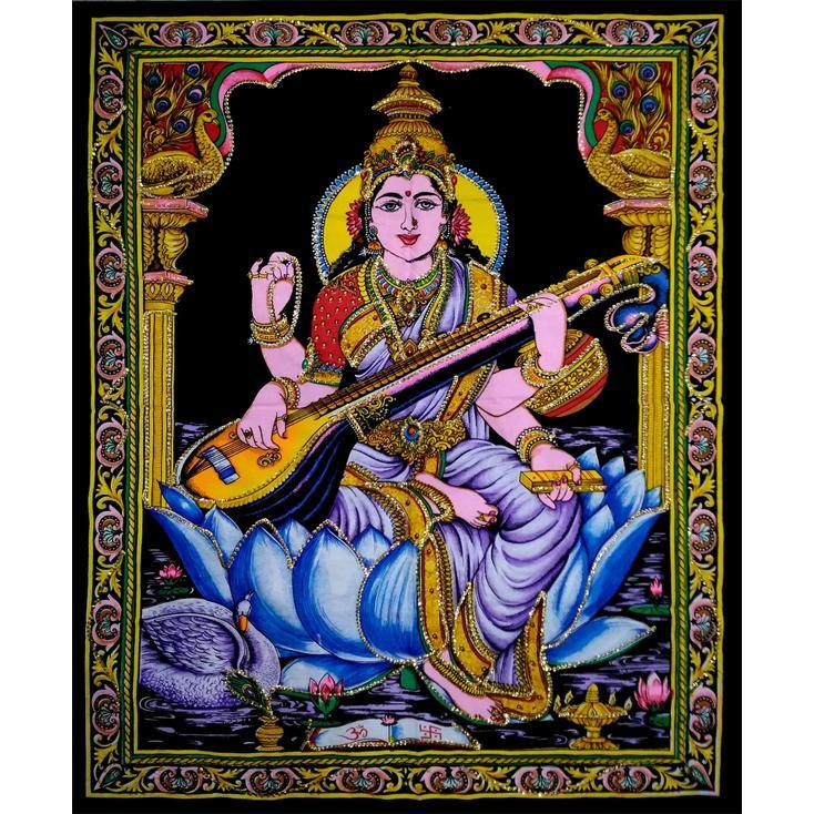 Goddess Saraswathi / Goddess of Knowledge Poster Wall Hanging Handmade Cotton Tapestry 40"x30" inch (No Sequin)