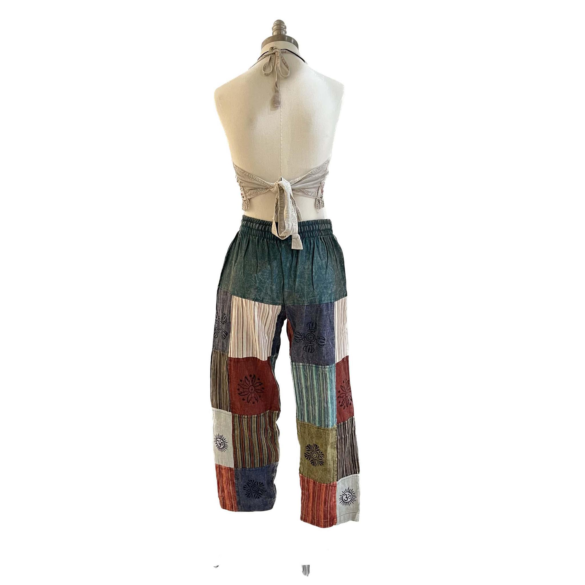 Single Color Waist Plain & Striped Patchwork Open Bottom Pants - Image 2