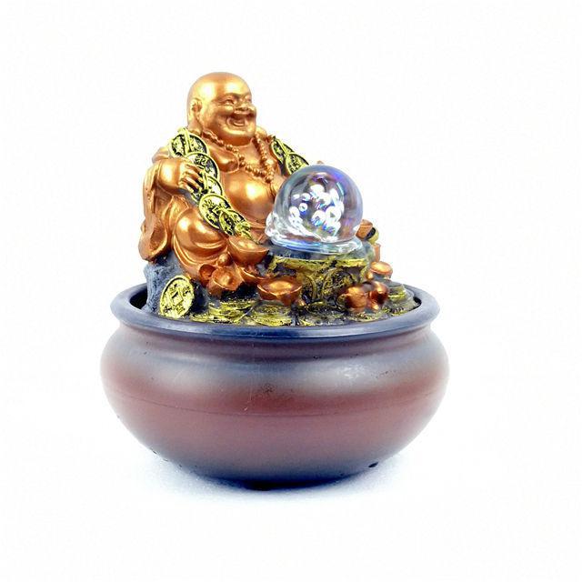 Lucky Buddha Fountain Copper Colored with Gold Coins, Rolling Crystal Ball & LED Antique Resin Tabletop Mini Waterfall Fountain 16 cm*16 cm*20 cm