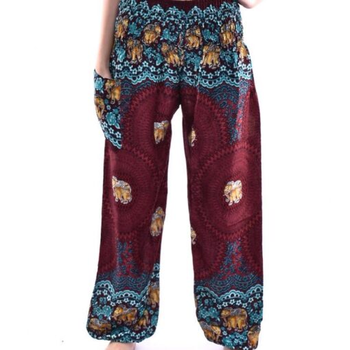 Maroon & Teal Smocked Elephant Mandala Harem Pants