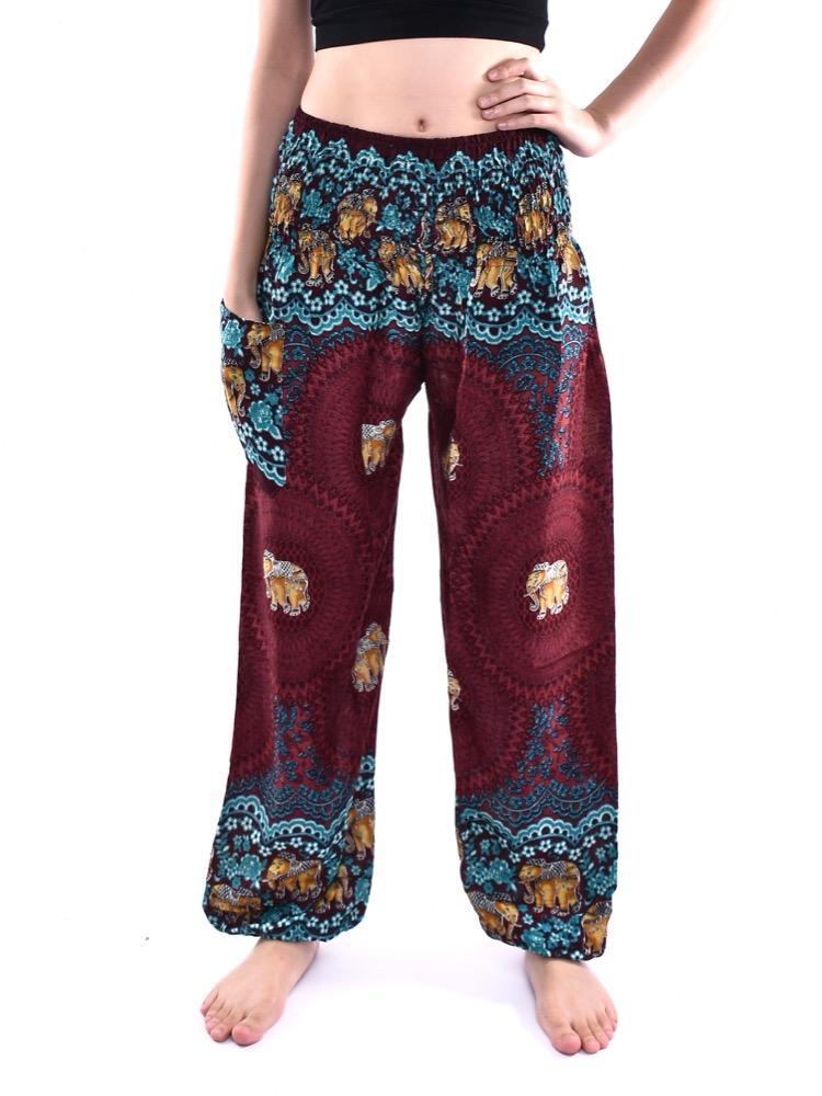 Maroon & Teal Smocked Elephant Mandala Harem Pants