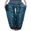 Teal Peacock Feather Print Smocked Thai Harem Pants VTrendz