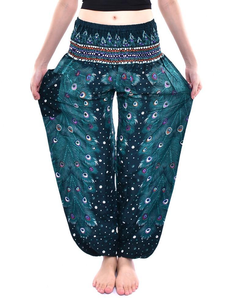 Teal Peacock Feather Print Smocked Thai Harem Pants - Image 2