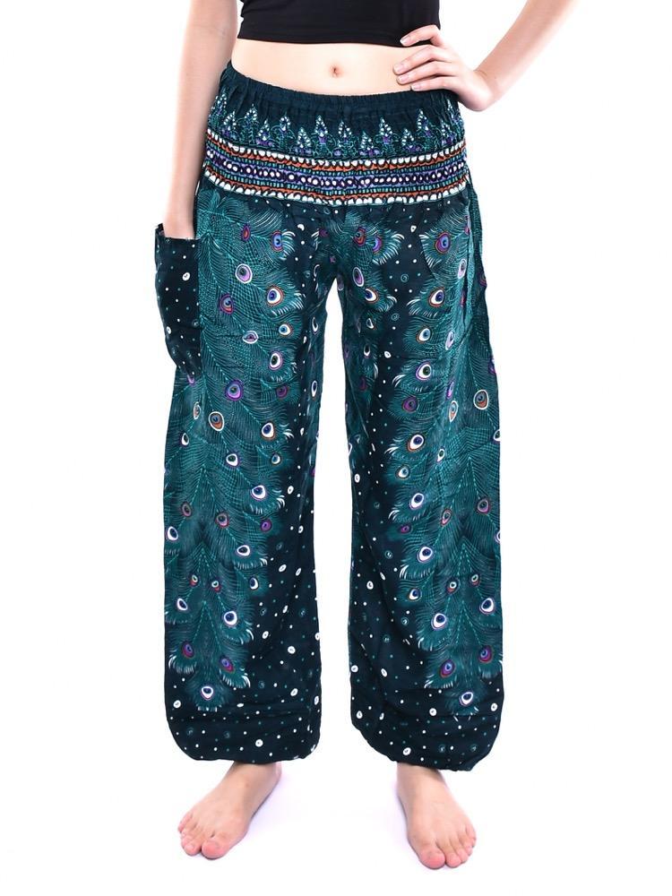Teal Peacock Feather Print Smocked Thai Harem Pants - Image 3