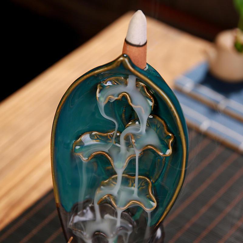 Leaf & Flower Style Ceramic Backflow Incense Holder Waterfall Incense Burner, Reflux Burner, Handmade Ceramic, Home Décor for Meditation, Mini-Zen Experience Size: 12*10*21 cm - Image 5