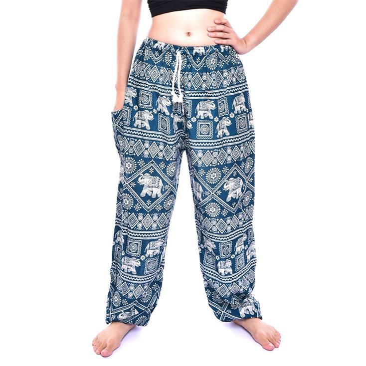 Teal Blue Elephant Print Drawstring Thai Harem Pants - Image 2