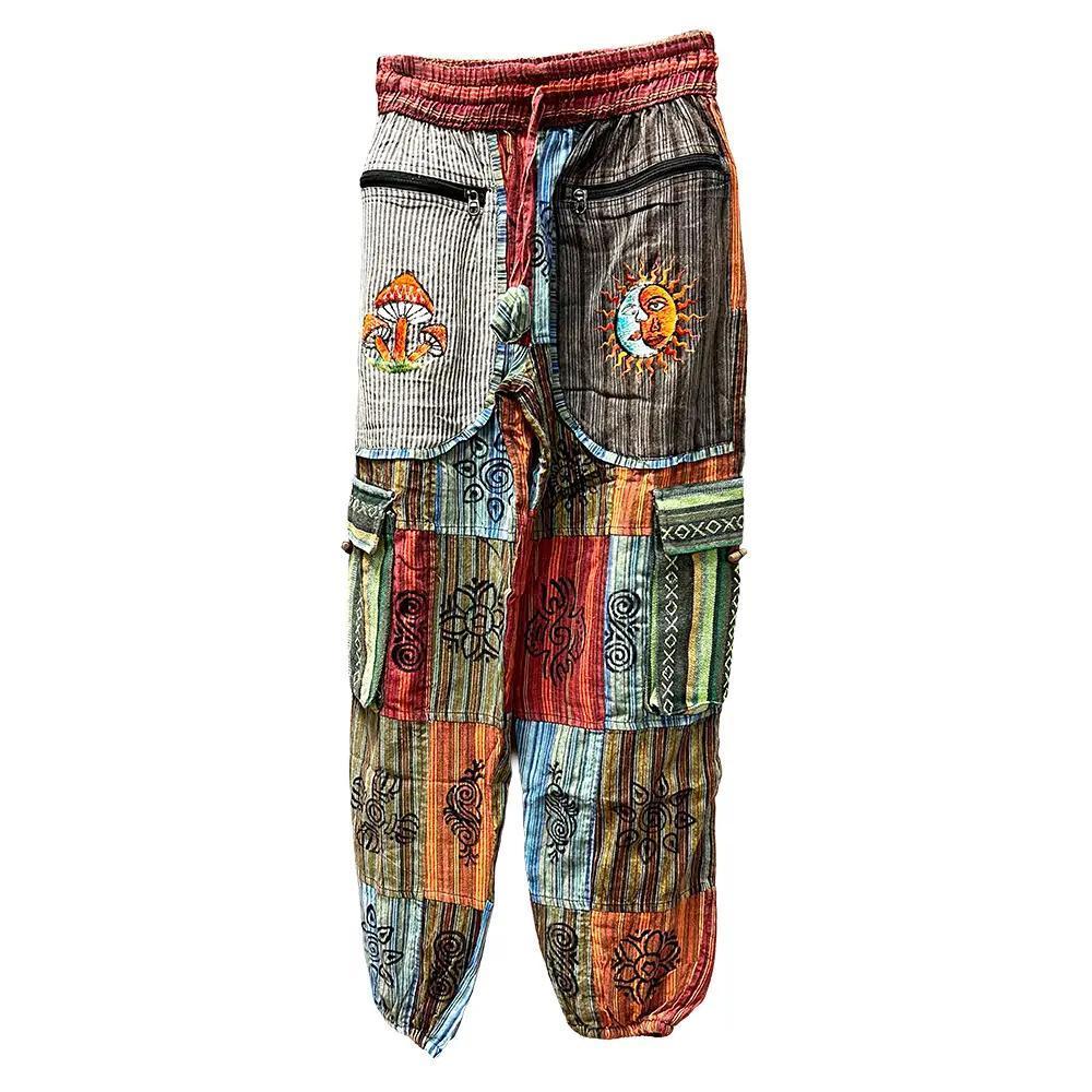 Boho Front Pocket Sun Moon Mushroom Patchwork Cargo Pants