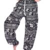 Classic Black & White Elephant Print Drawstring Thai Harem Pants VTrendz