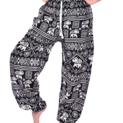 Classic Black & White Elephant Print Drawstring Thai Harem Pants