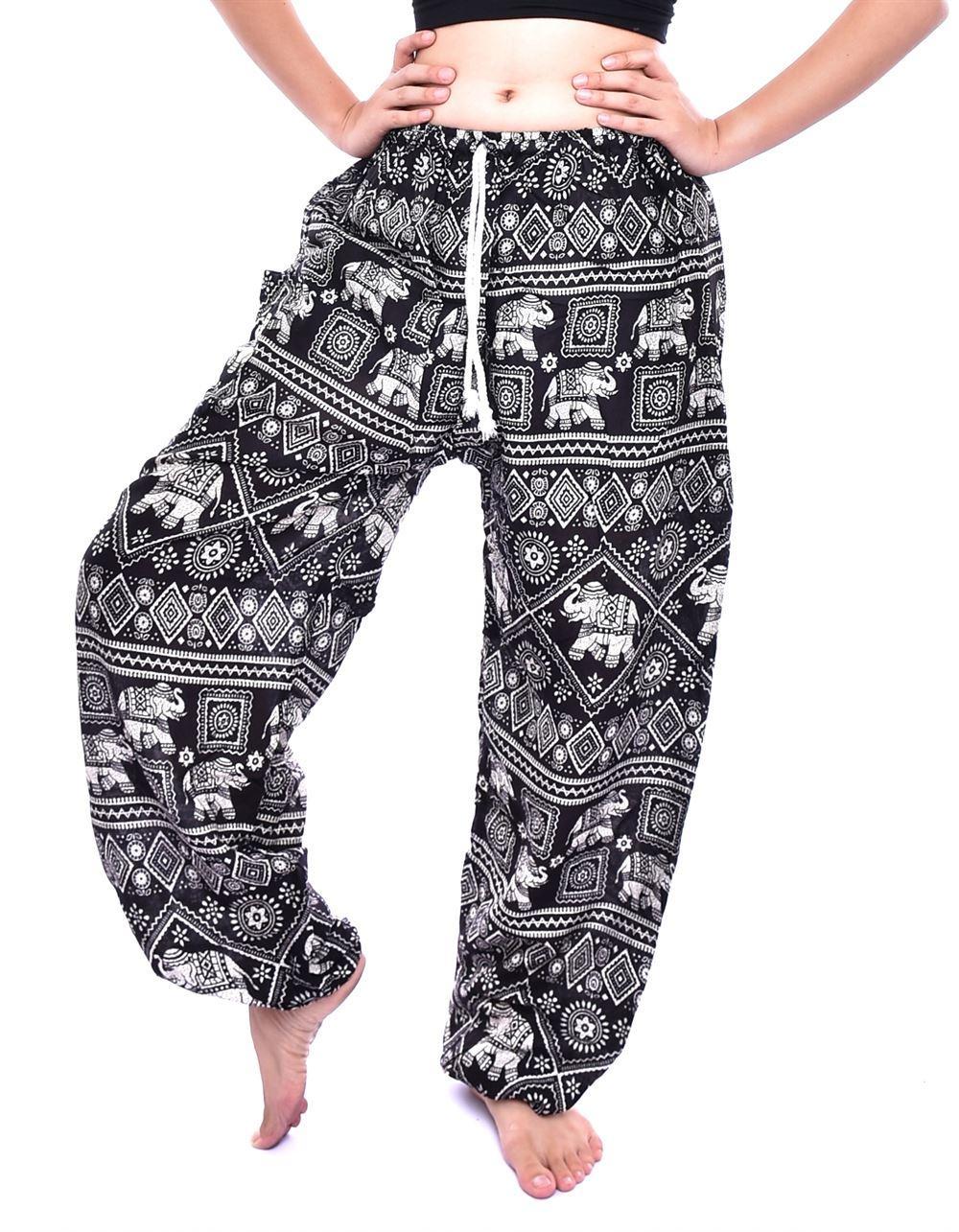 Classic Black & White Elephant Print Drawstring Thai Harem Pants