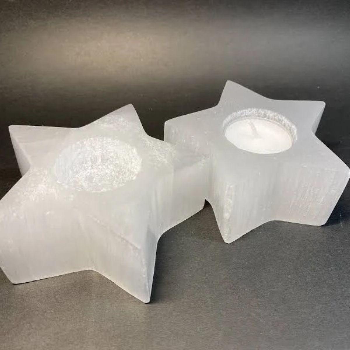 Selenite Star Candle Holder & Sphere Stand: Celestial Anchor for Metaphysical Balance