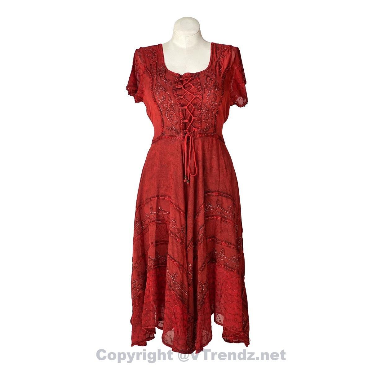 Short Sleeves Victorian Style Corset Dress with Lace & Floral Threadwork - Image 9