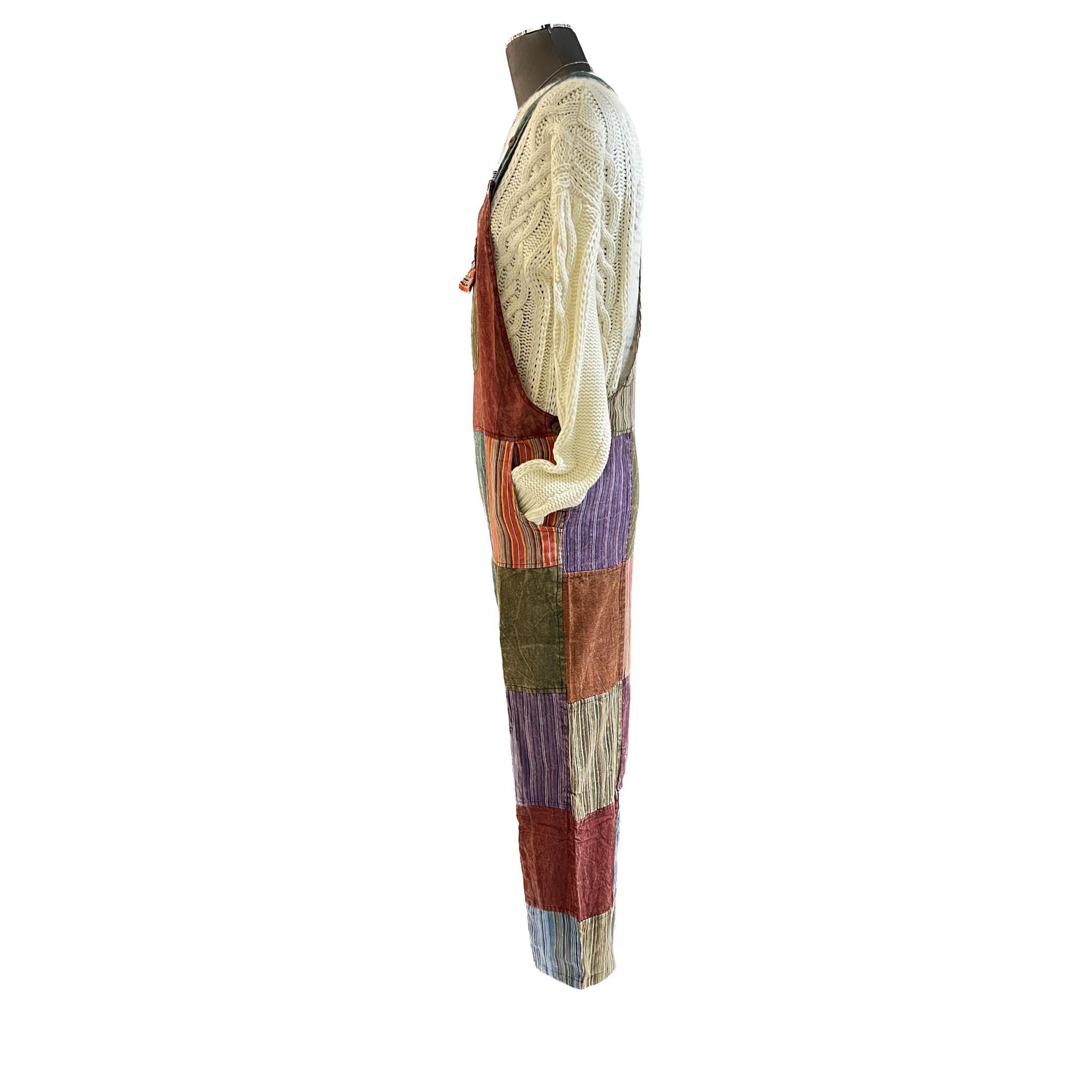 Plain & Striped Patchwork Cotton Overalls With Open Bottom Earth Tones S-XXL - Image 3