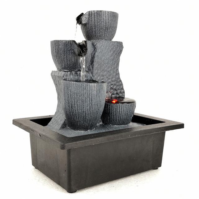 4-Cups with Rectangular Base & LED Antique Resin Tabletop Waterfall Fountain