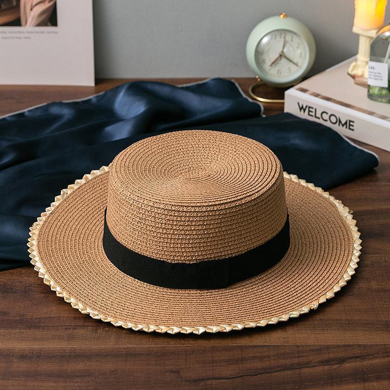 Fashion Spring And Summer Flat Top Large Border Sunbonnet Decorated With Ribbon Square Knot One Piece Straw Hat