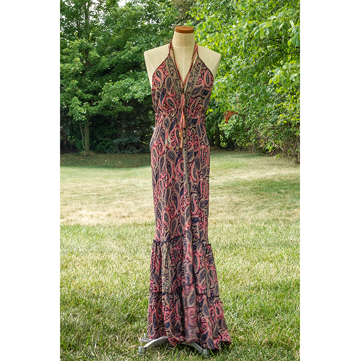 Silk Scarf Maxi Dress with Dori Ties & Open Back - Image 3