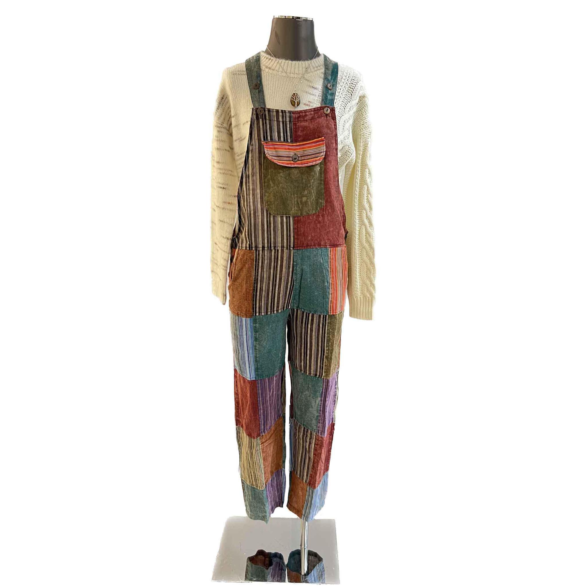 Plain & Striped Patchwork Cotton Overalls With Open Bottom Earth Tones S-XXL