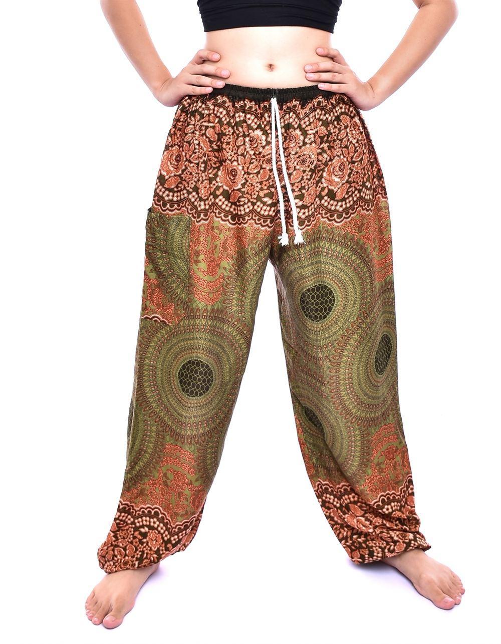 Olive Green & Rust Geometric Mandala Drawstring Thai Harem Pants