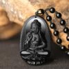 Meditating Buddha Black Obsidian Handcarved Necklace Pendants with Black Beads VTrendz