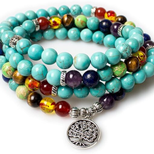 Turquoise 7 Chakra Healing stone 108 Mala 6 mm Beads Natural with Seven Chakara Stones, Bracelet, Mala Prayer Beads Tree and Om Charm