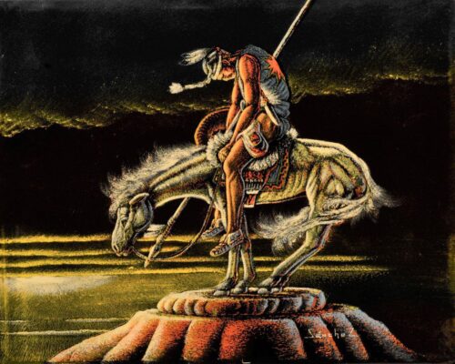 Native Warrior on Horse on Mountain Top Velvet Hand painted Wood Frame