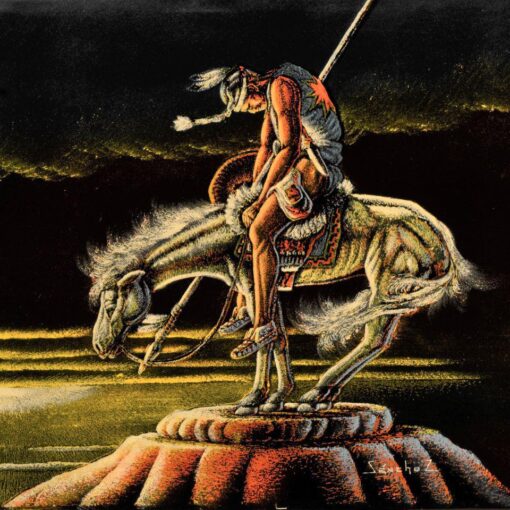 Native Warrior on Horse on Mountain Top Velvet Hand painted Wood Frame