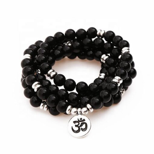 Black Tourmaline 108 Mala 6 & 8mm Beads Bracelet Mala Prayer Beads OM Charm Meditation Necklace